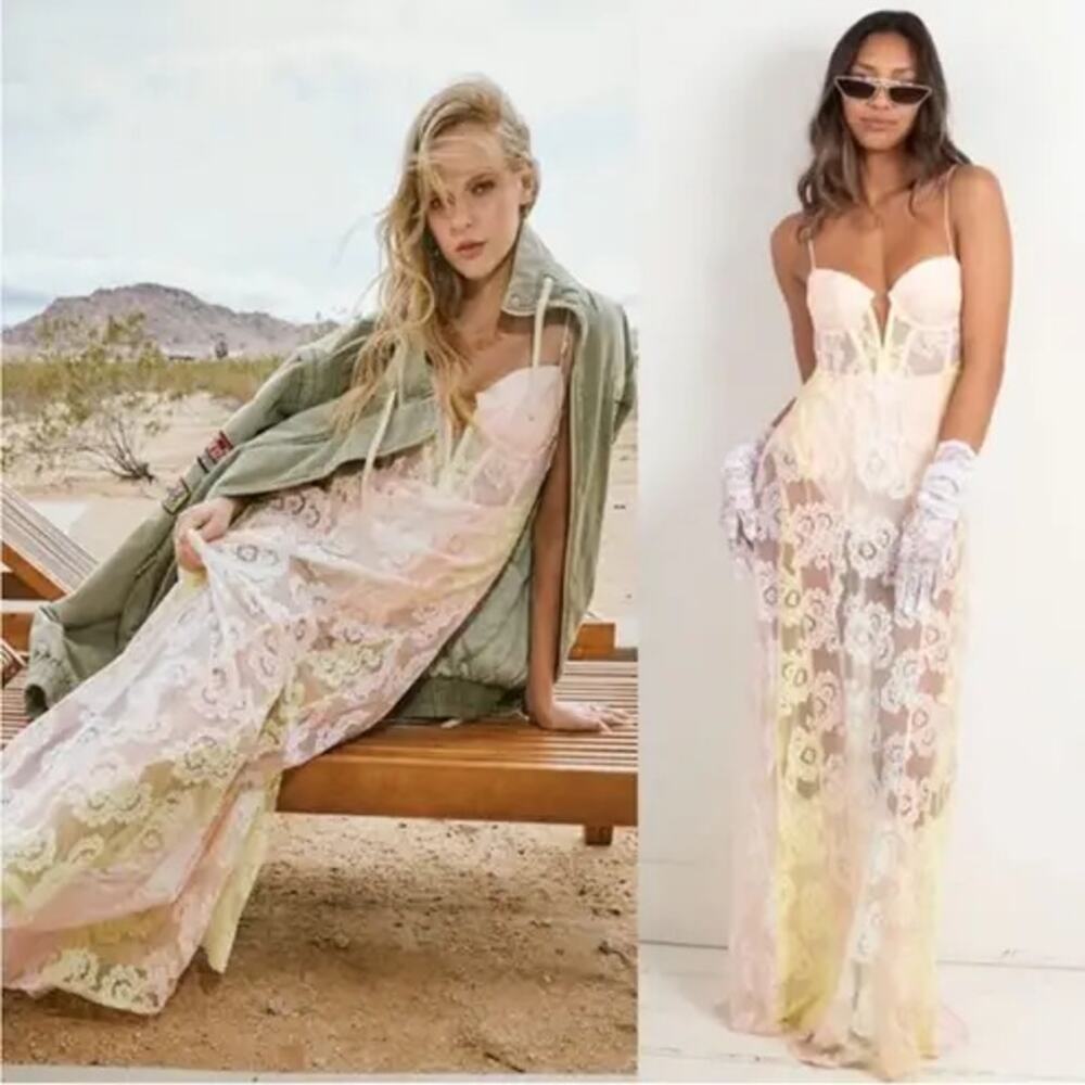 For Love & Lemons Blossom Pink Lemonade Sheer Lace Bodysuit Boho Maxi Dress S